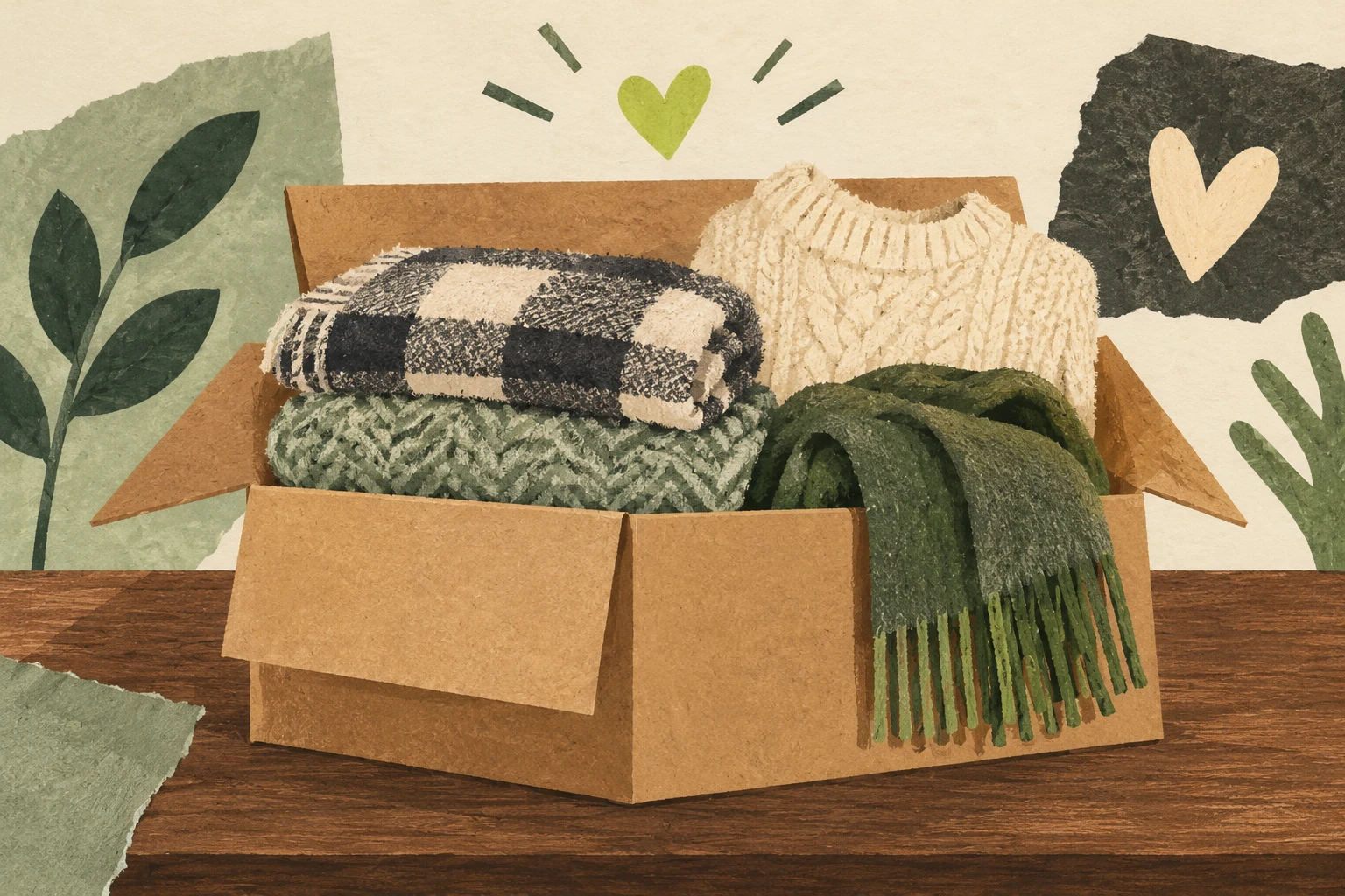 Caja con cobijas dobladas, un suéter y una bufanda en una ilustración.