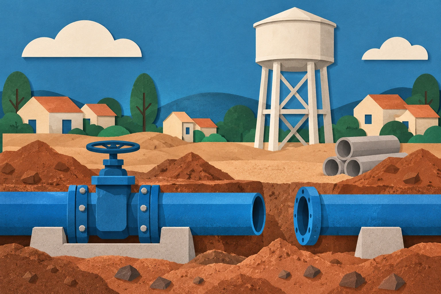 Tubería azul con válvula, una unión pendiente y tanque elevado entre casas ilustradas.