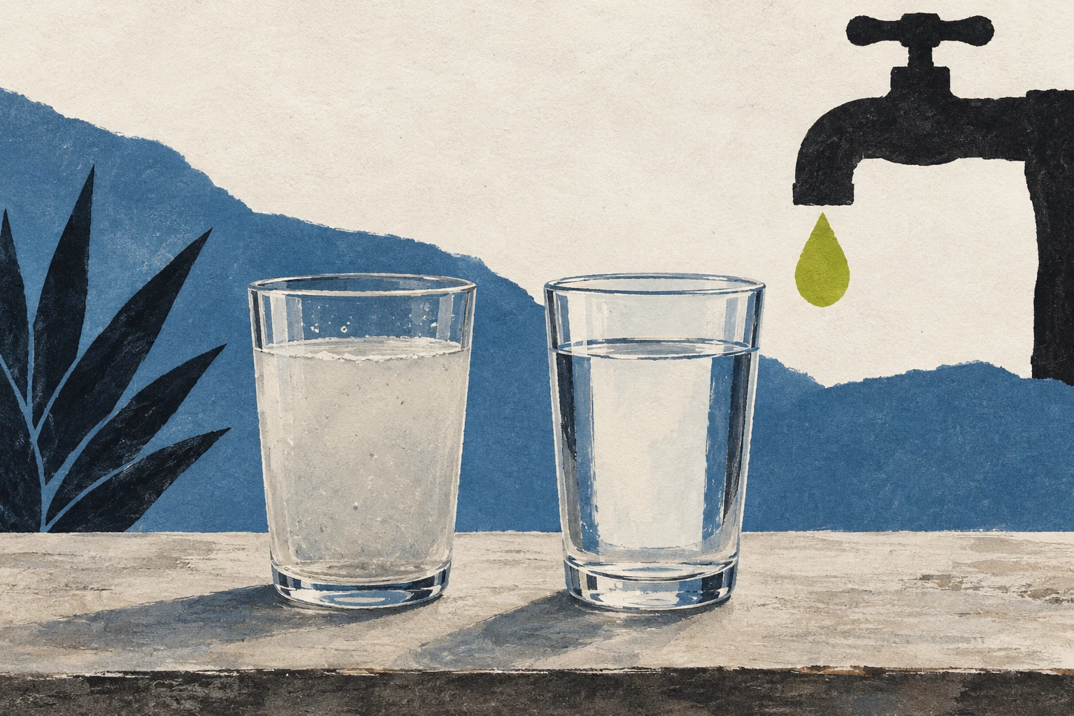 Ilustración de dos vasos, uno de agua turbia y otro clara, junto a un grifo.