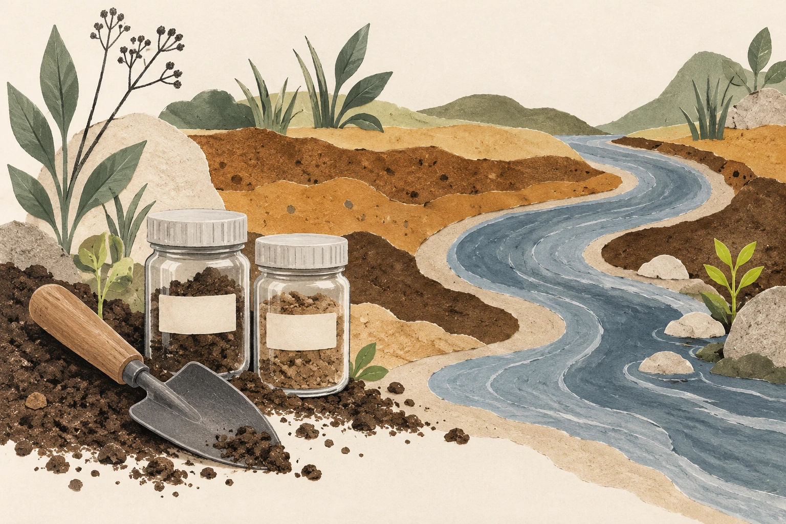 Dos frascos de muestras y una pala junto a un río abstracto y capas de tierra.