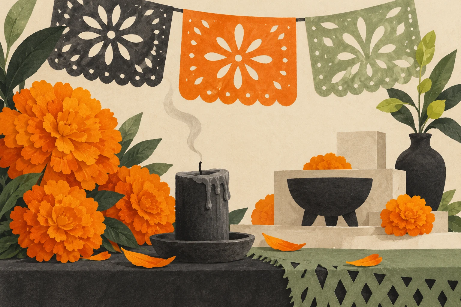 Flores de cempasúchil, papel picado y vela en una ilustración de Día de Muertos.