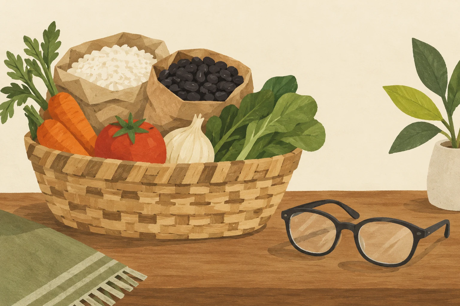Canasta de alimentos y lentes de lectura sobre una mesa ilustrada.