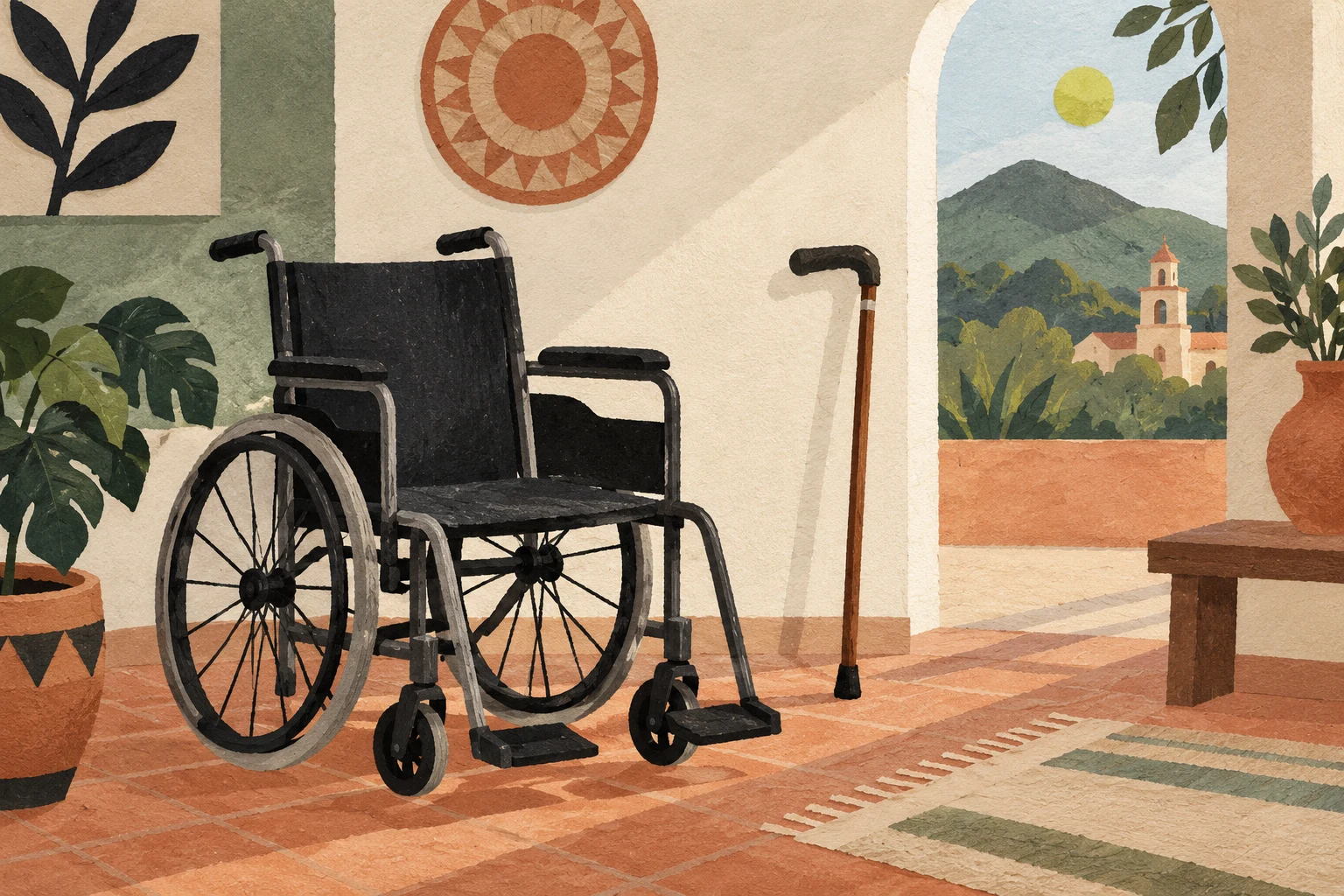 Ilustración de una silla de ruedas vacía y un bastón en una habitación.