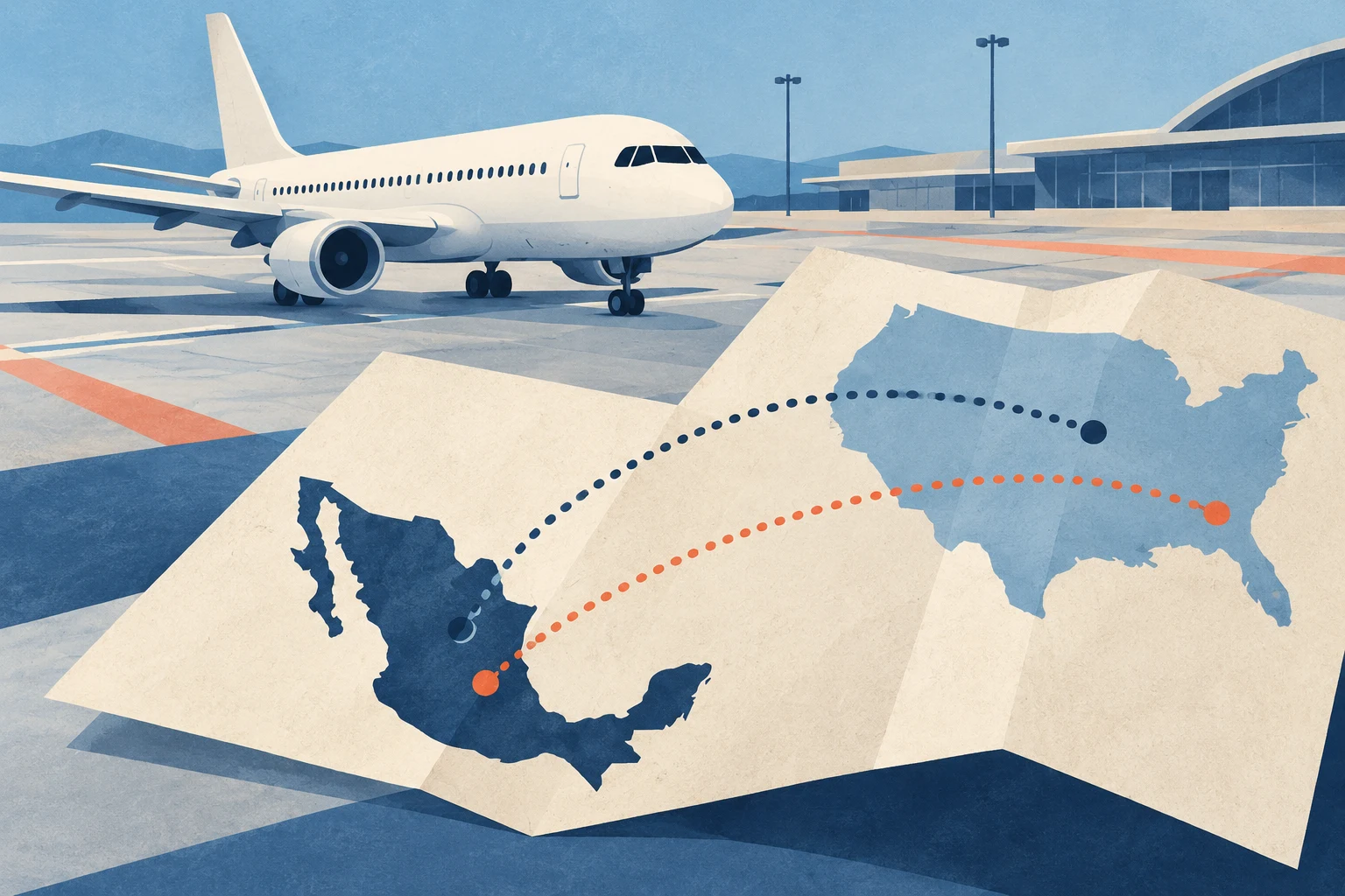 Ilustración de un avión genérico y rutas entre México y Estados Unidos.
