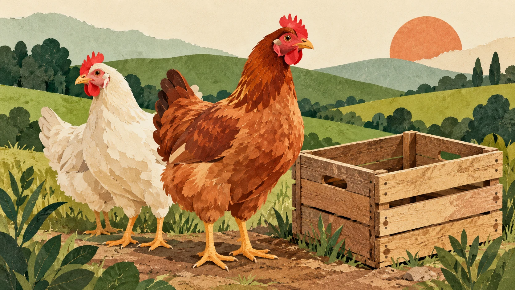 Dos gallinas y una caja vacía en un paisaje rural ilustrado