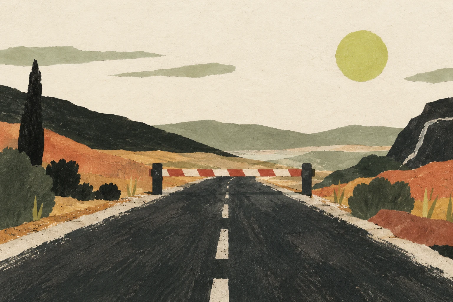 Ilustración de una carretera vacía con una barrera de paso.