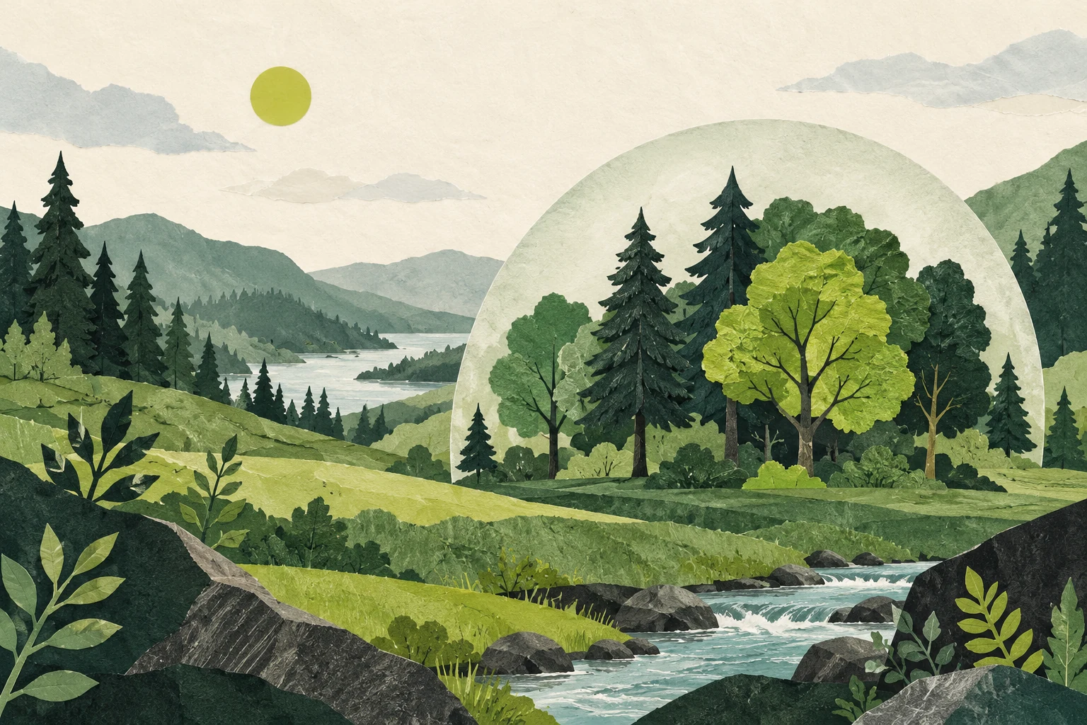 Árboles y un arroyo bajo una forma protectora, en un paisaje ilustrado de papel recortado.