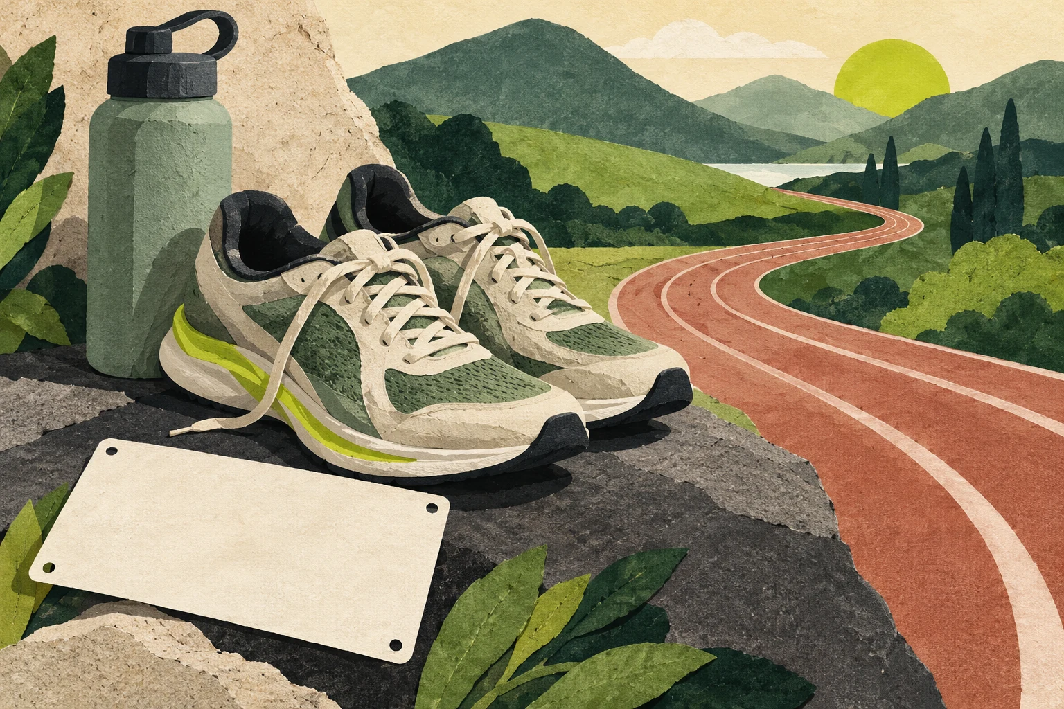 Tenis, botella y dorsal sin número junto a una pista que atraviesa colinas ilustradas.