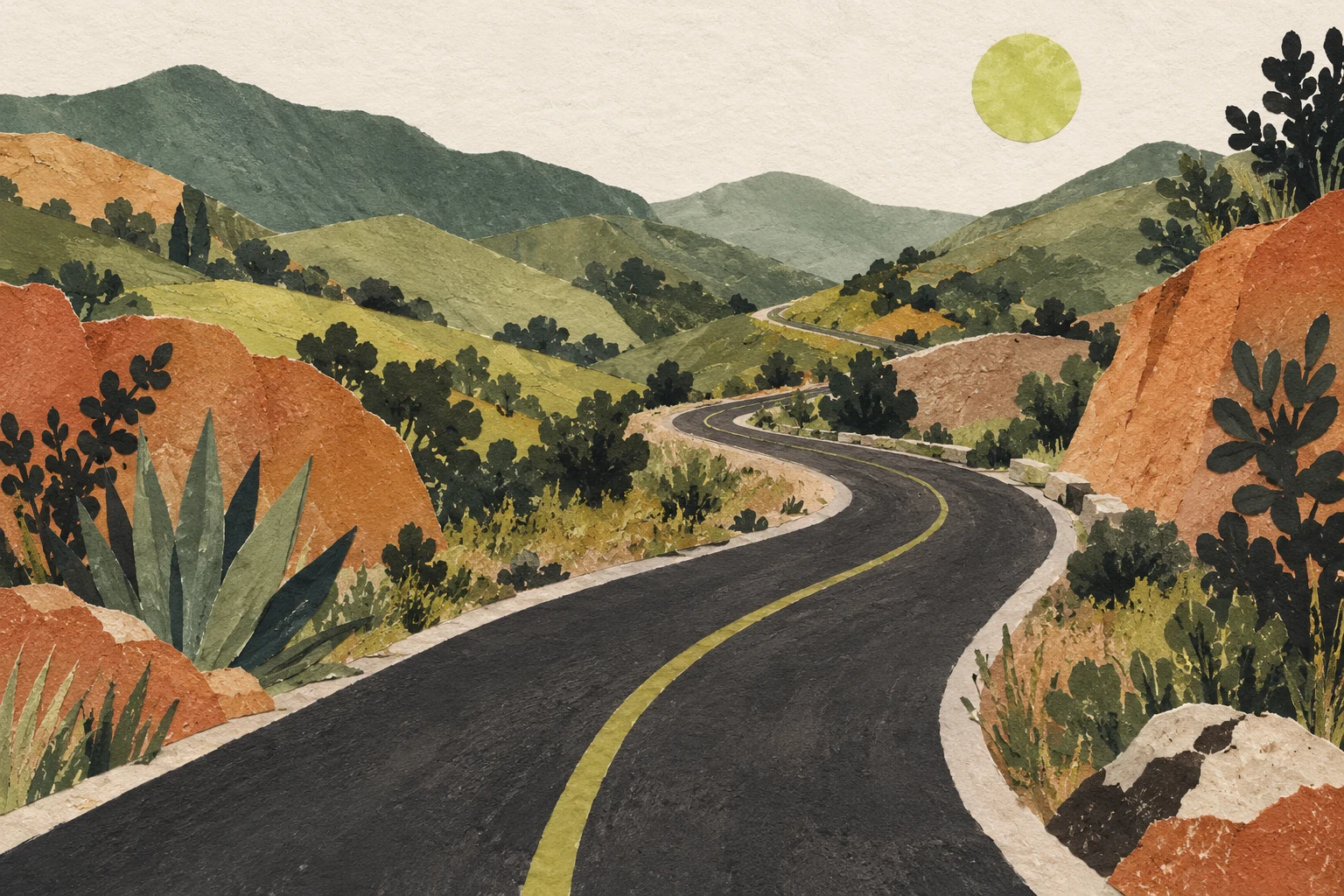 Ilustración de una carretera sinuosa entre laderas verdes y ocres.