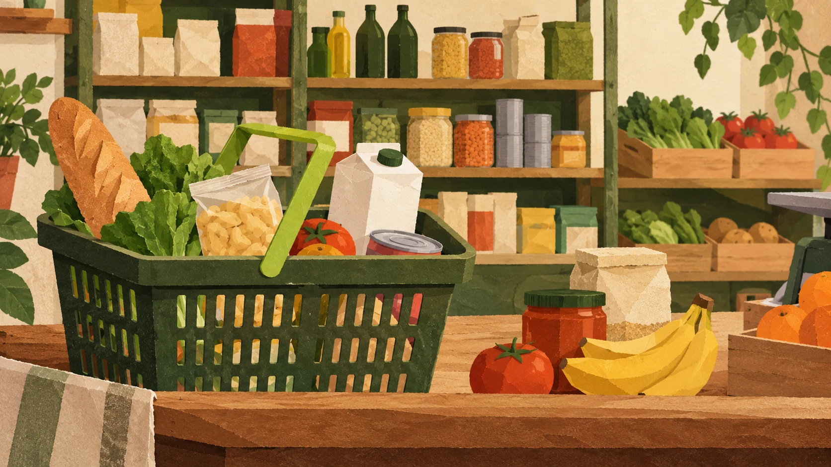 Canasta con alimentos sobre el mostrador de una tienda ilustrada, con estanterías al fondo.