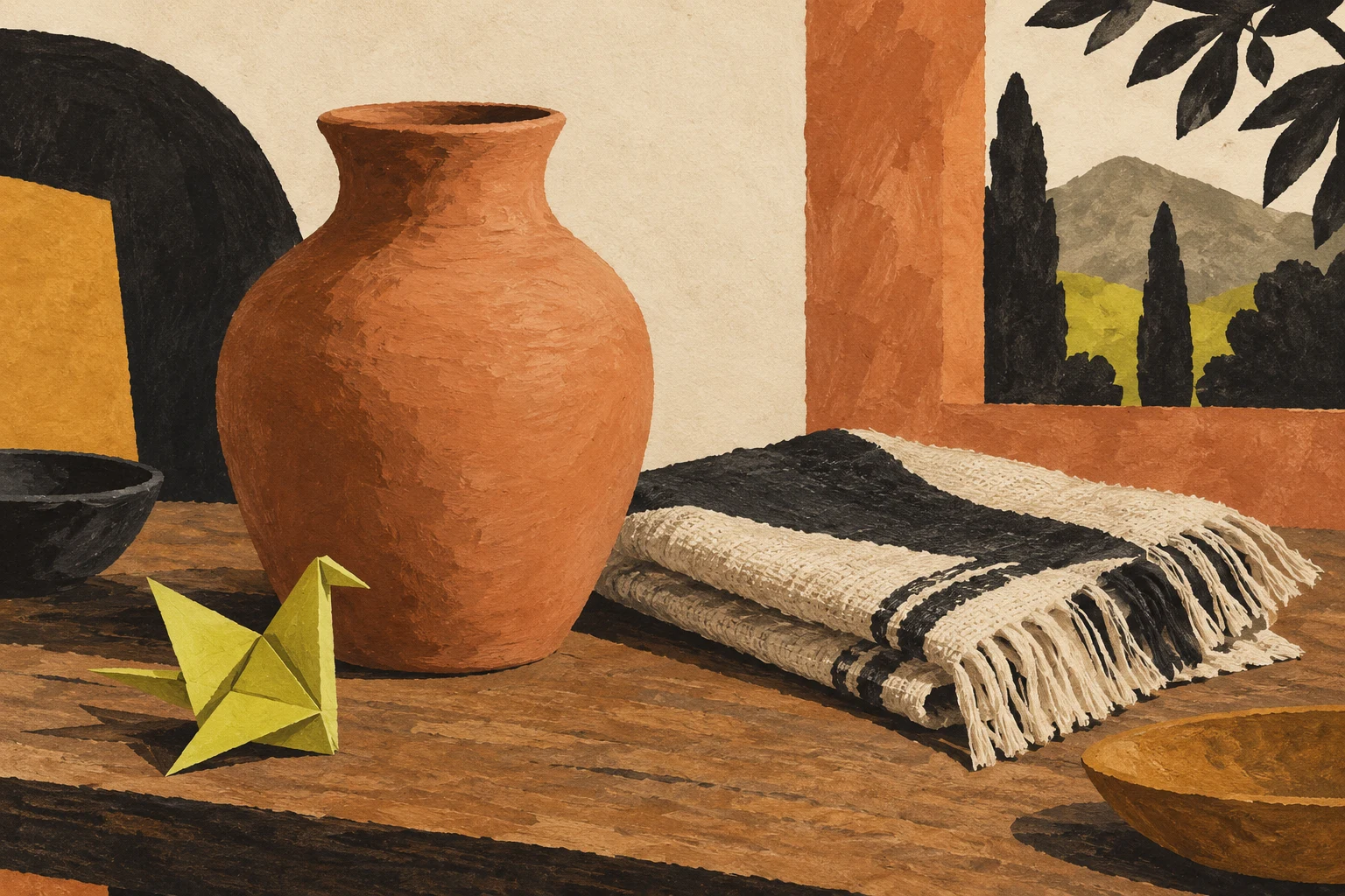 Ilustración de una vasija, telas dobladas y una figura de papel.