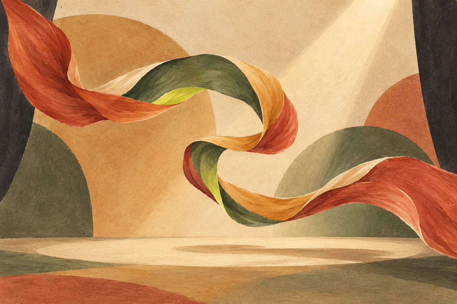 Una cinta de tela gira sobre un escenario abstracto vacío.
