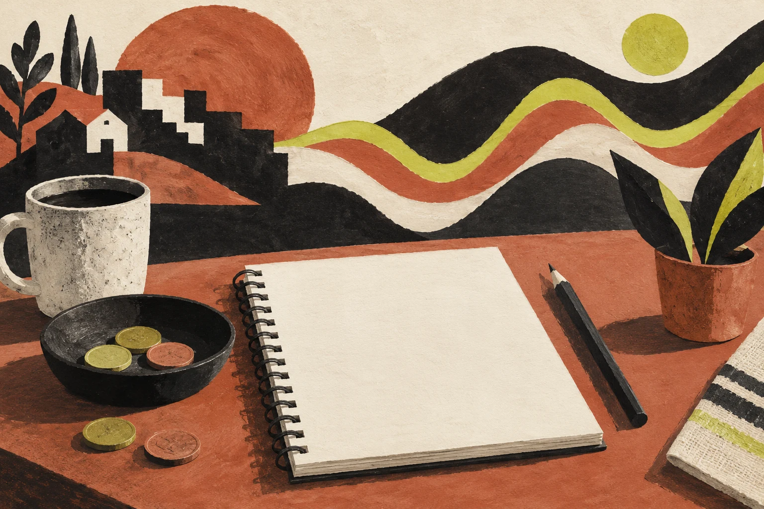 Ilustración de monedas, un cuaderno y formas que sugieren ciclos económicos.