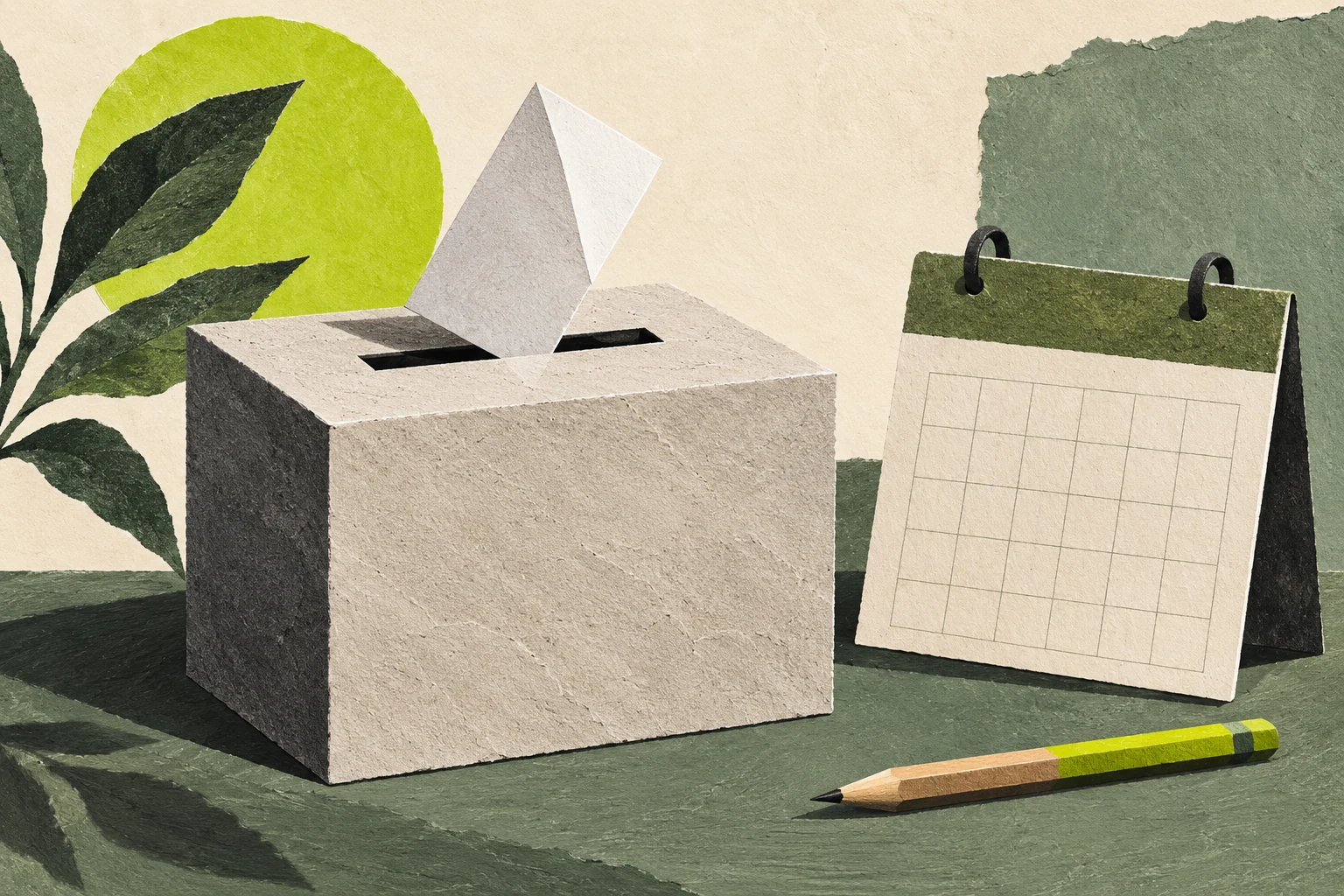 Urna, papel sin marcas, calendario vacío y lápiz en una ilustración de papel recortado.