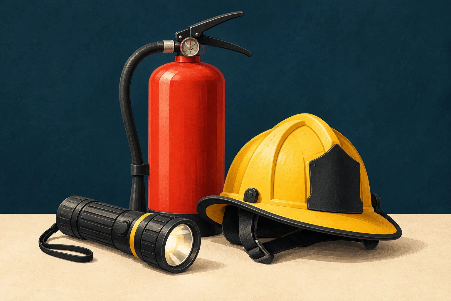Extintor rojo, casco amarillo y linterna en una ilustración editorial.