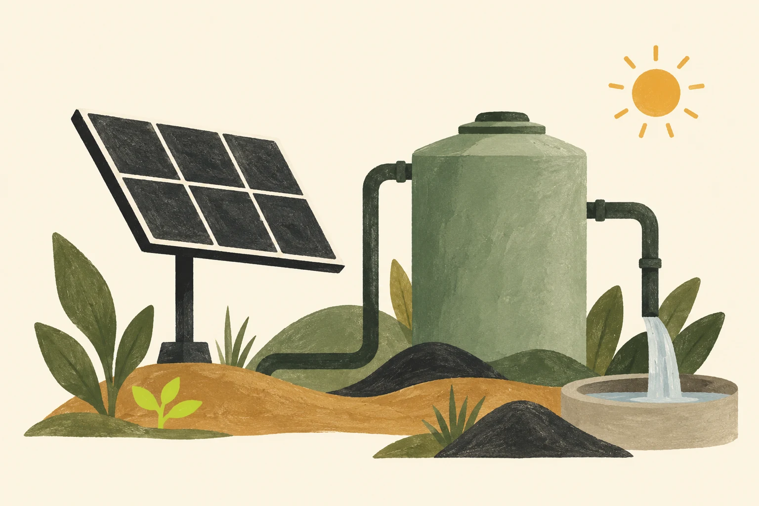 Panel solar conceptual junto a un depósito de agua y tuberías.