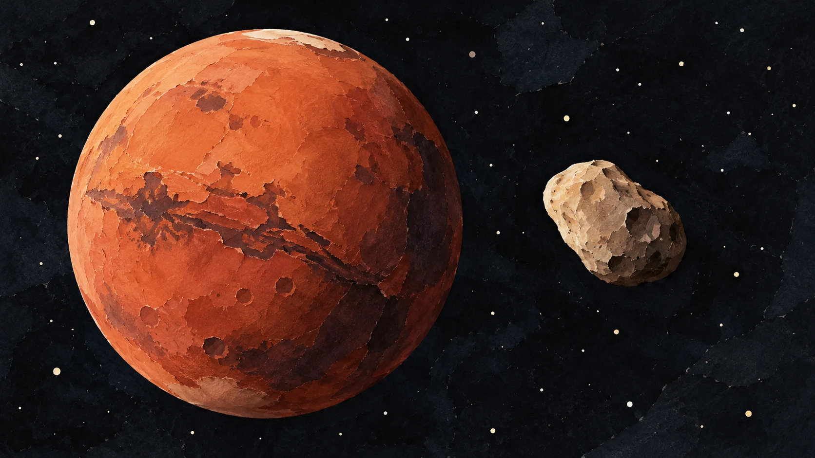 Ilustración de un planeta rojizo y una pequeña luna rocosa en el espacio