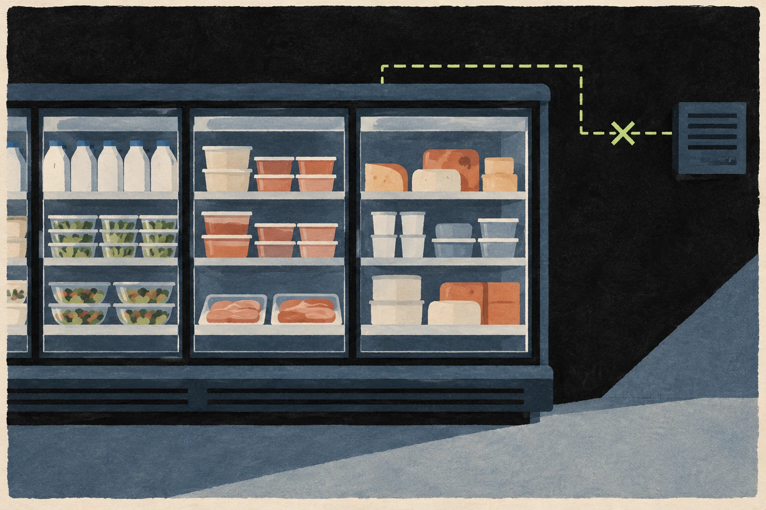 Ilustración de una vitrina refrigerada y una línea de circuito interrumpida.