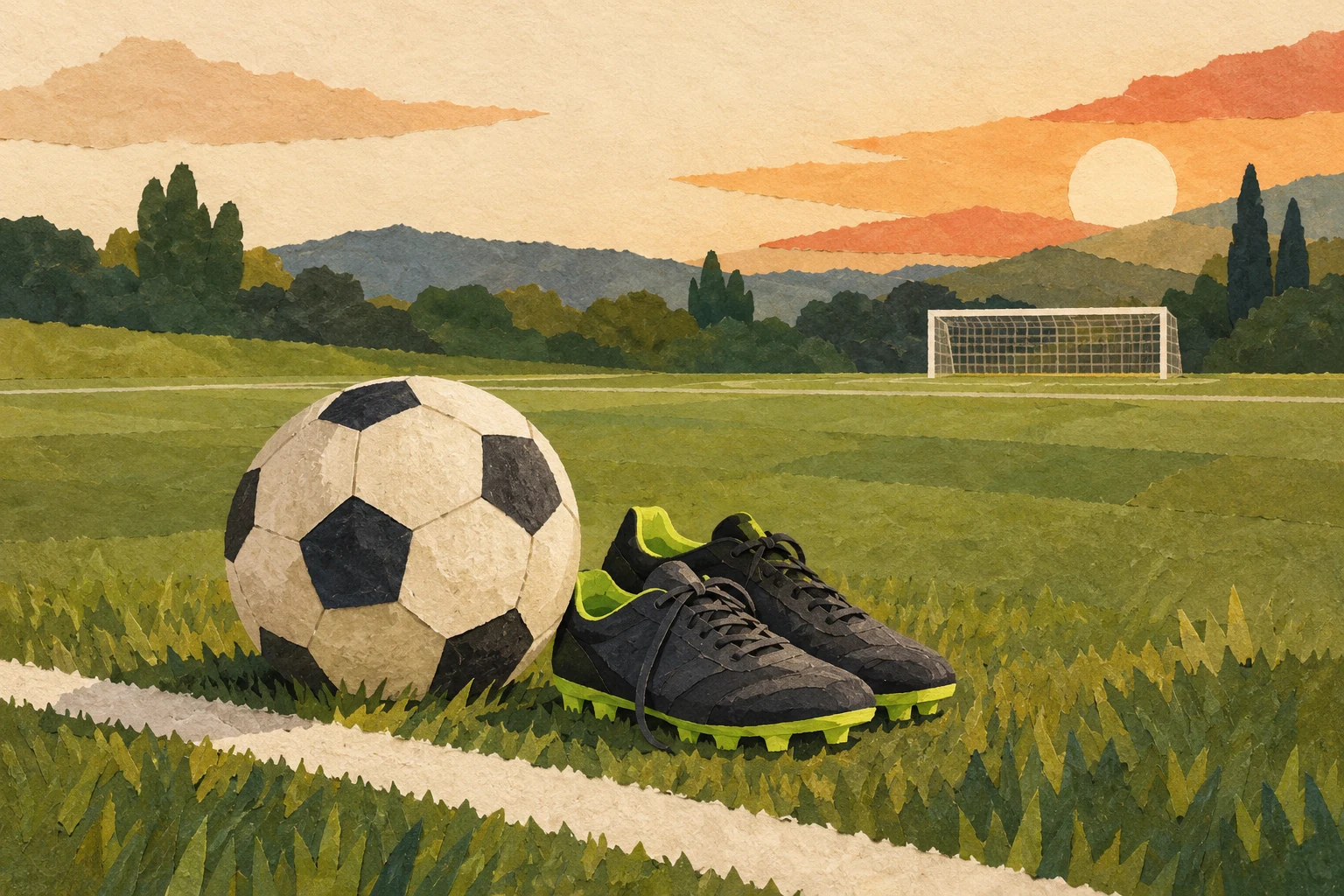 Balón y botas de fútbol junto a una línea de cancha, con una portería al fondo en una ilustración de papel recortado.