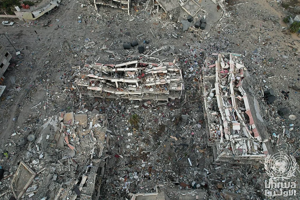 Vista aérea de edificios destruidos en Al Zahra, Gaza, en 2023.