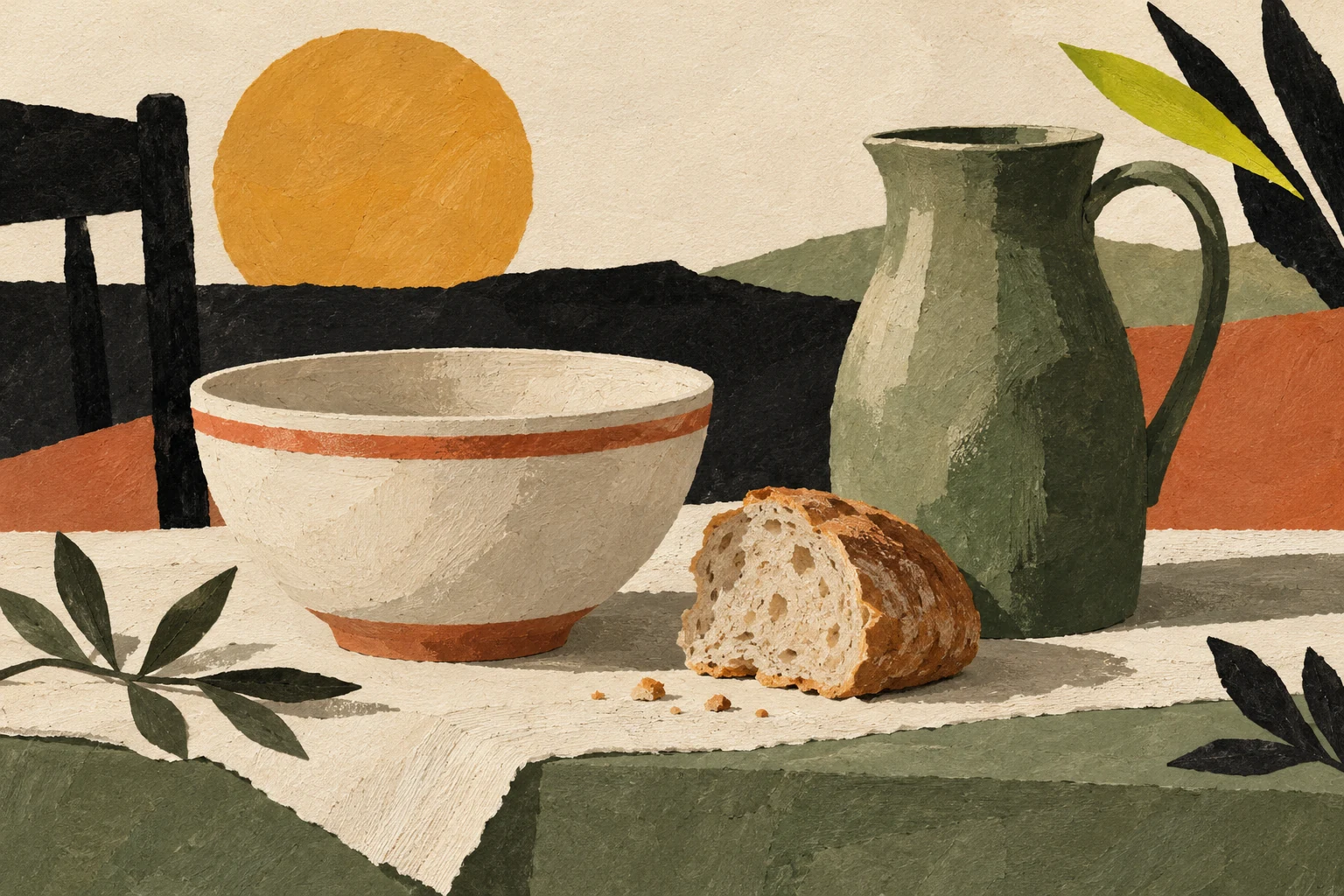 Ilustración de un cuenco, un trozo de pan y una jarra de agua.