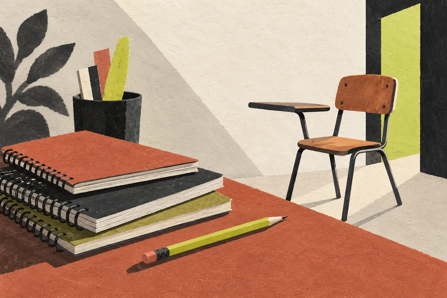 Ilustración de cuadernos, un lápiz y una silla escolar vacía.