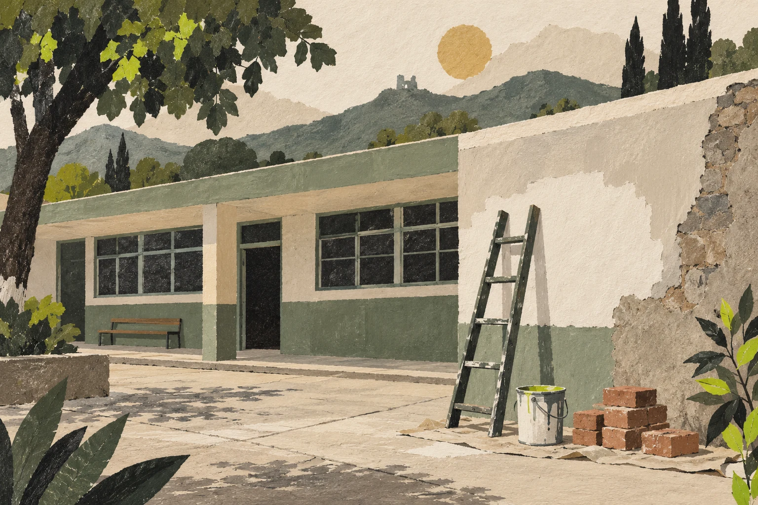 Ilustración de un edificio escolar, una escalera y materiales de mantenimiento.