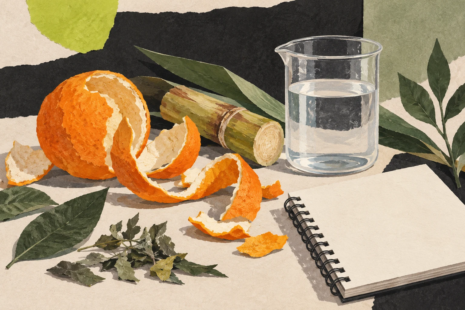 Ilustración de cáscara de naranja, caña, un vaso de laboratorio y un cuaderno.