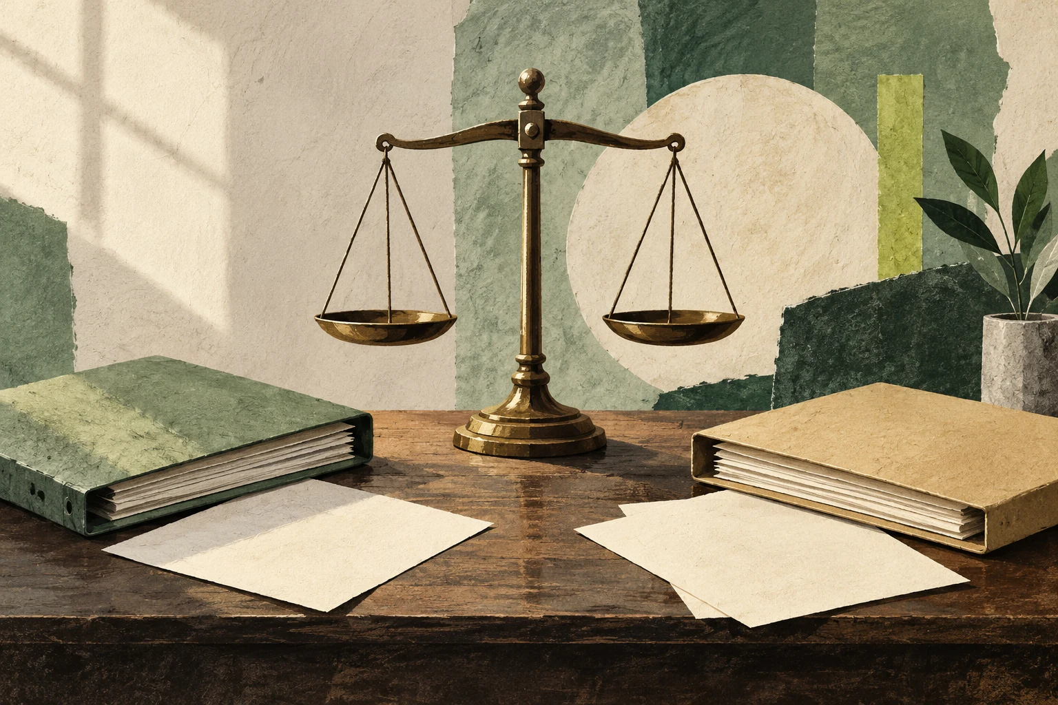 Balanza de justicia y carpetas cerradas sobre una mesa ilustrada.