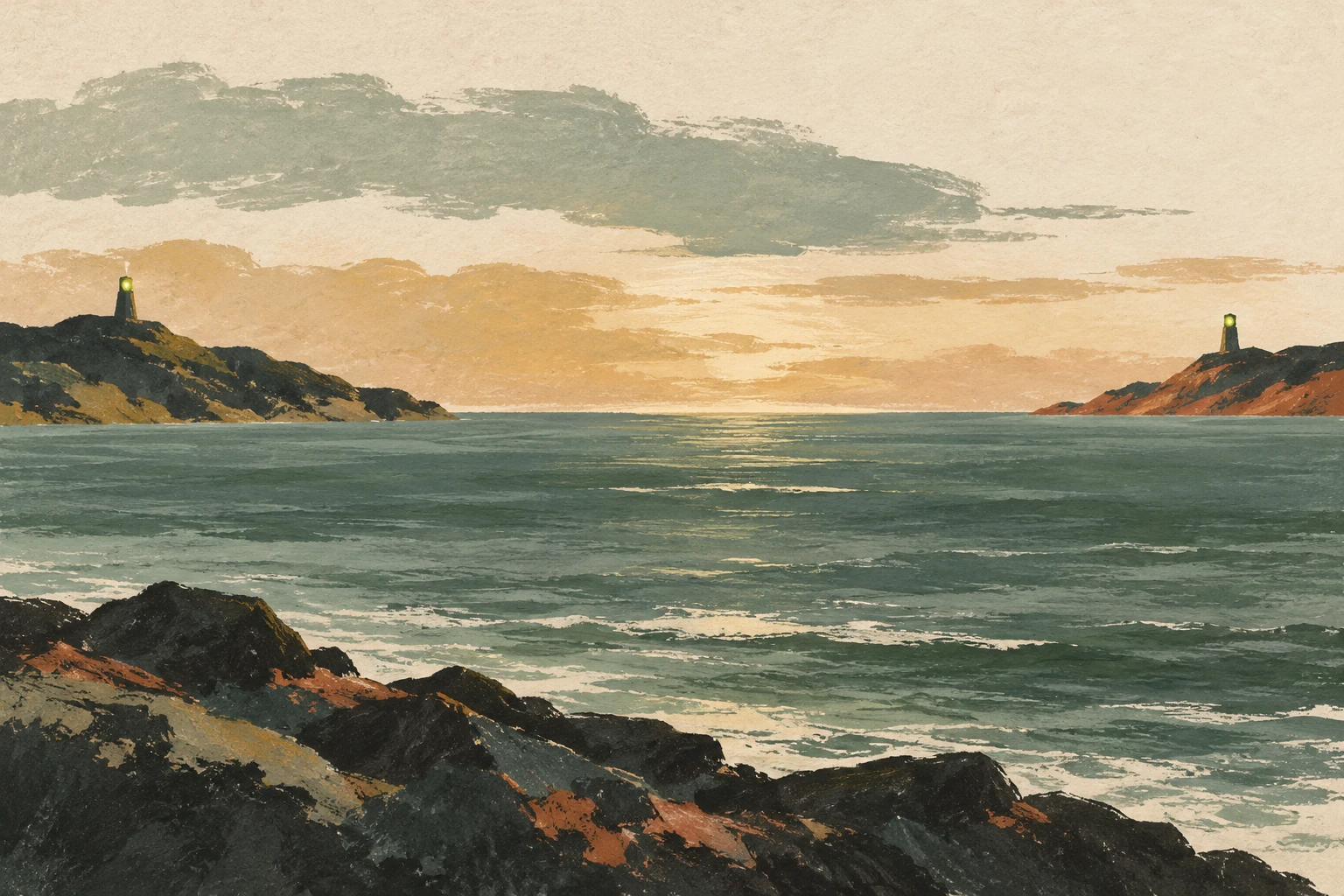 Ilustración de un horizonte marino entre dos costas con señales luminosas.