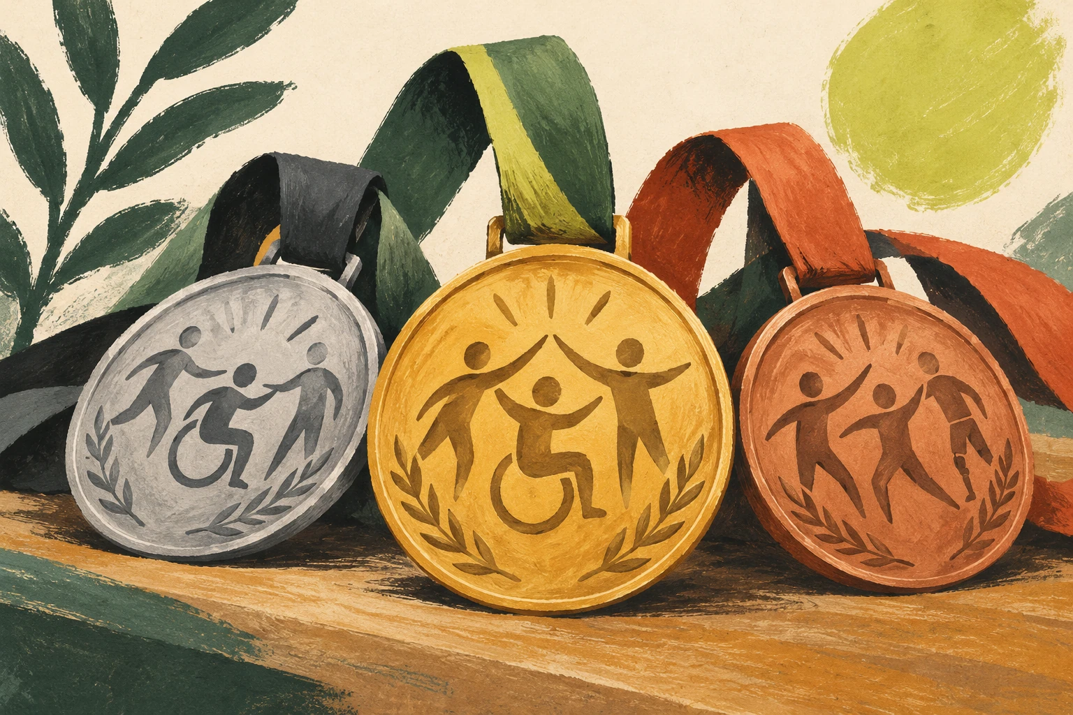Ilustración de tres medallas dorada, plateada y cobriza con motivos de deporte inclusivo.