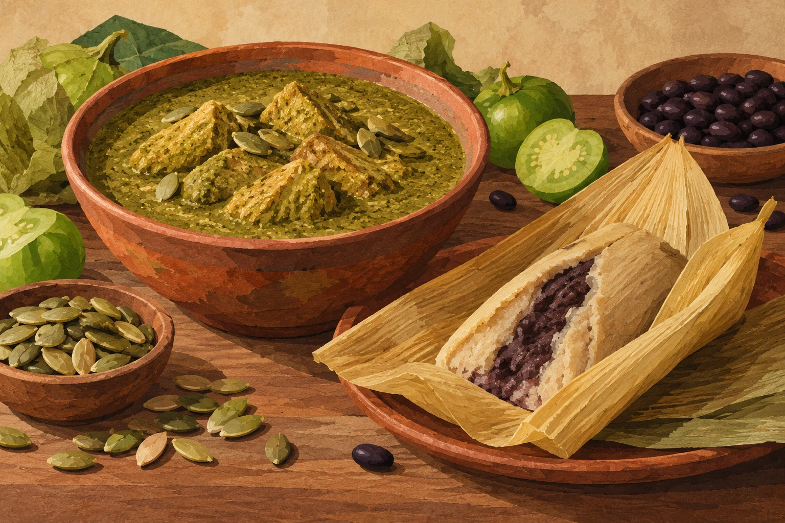 Ilustración pintada de un recipiente con mole verde, un tamal de frijol e ingredientes sobre papel texturizado.