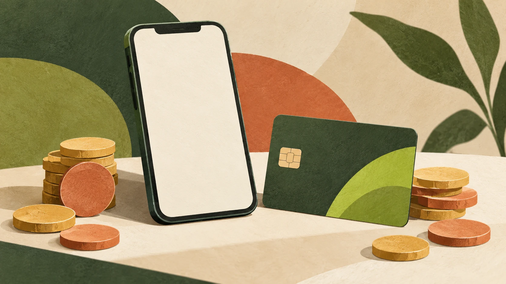 Teléfono con pantalla vacía, tarjeta genérica y monedas sobre una mesa ilustrada