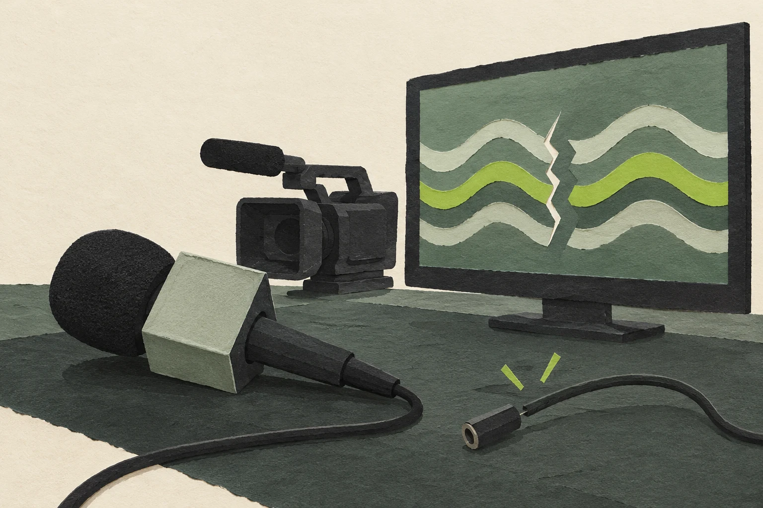 Micrófono, cámara y pantalla con ondas interrumpidas en una ilustración.