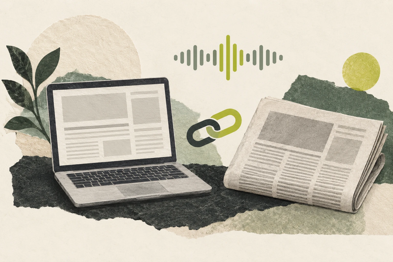 Computadora y periódico sin texto unidos por un eslabón, con una onda de audio.