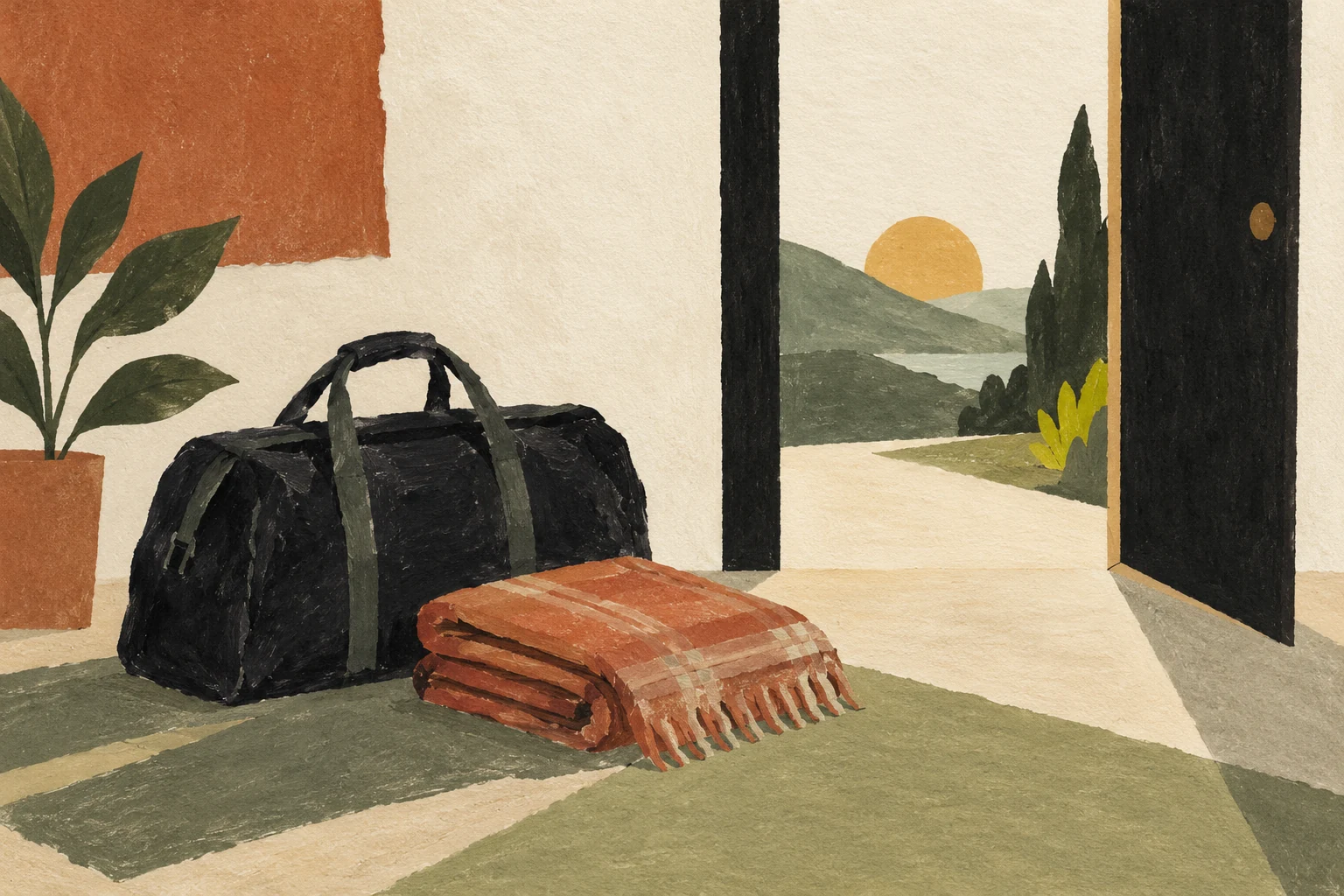 Ilustración de una bolsa de viaje y una manta junto a una puerta abierta.