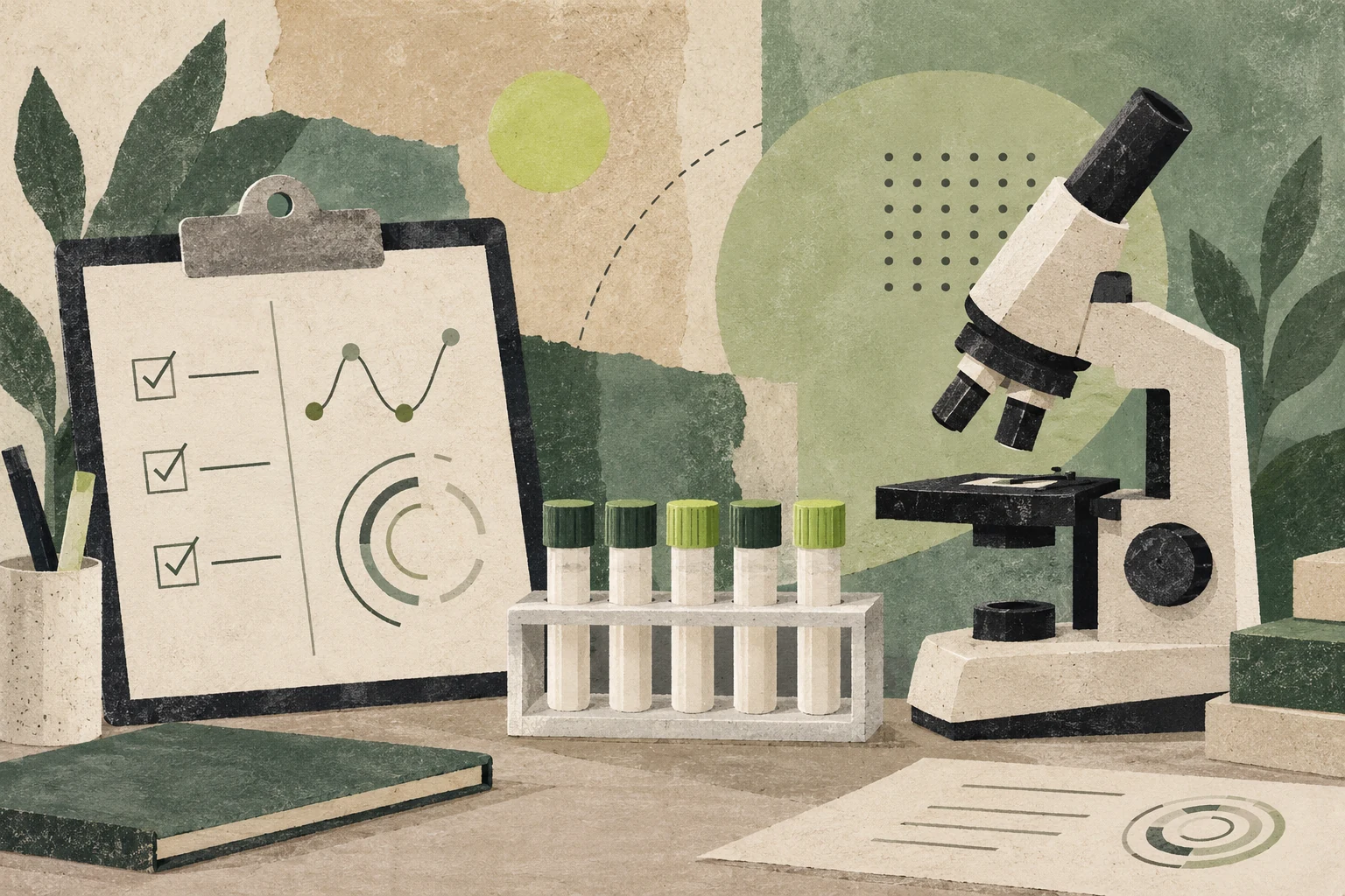 Microscopio, tubos cerrados y un portapapeles en una ilustración de vigilancia sanitaria.