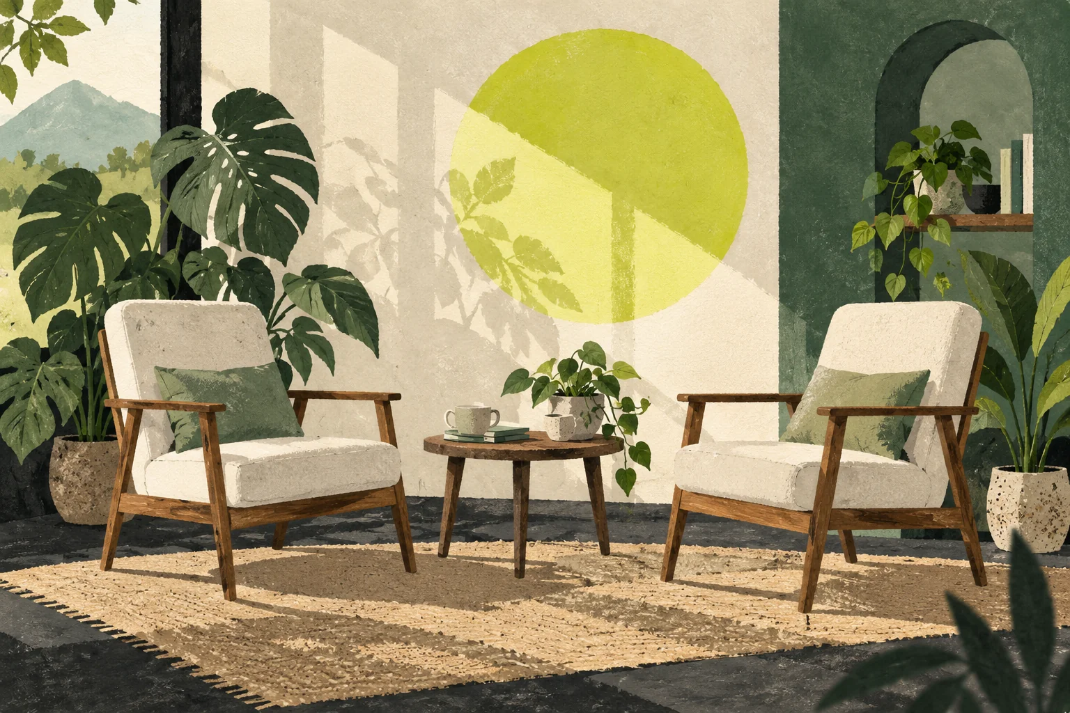 Ilustración de dos sillas vacías frente a frente, junto a una planta.
