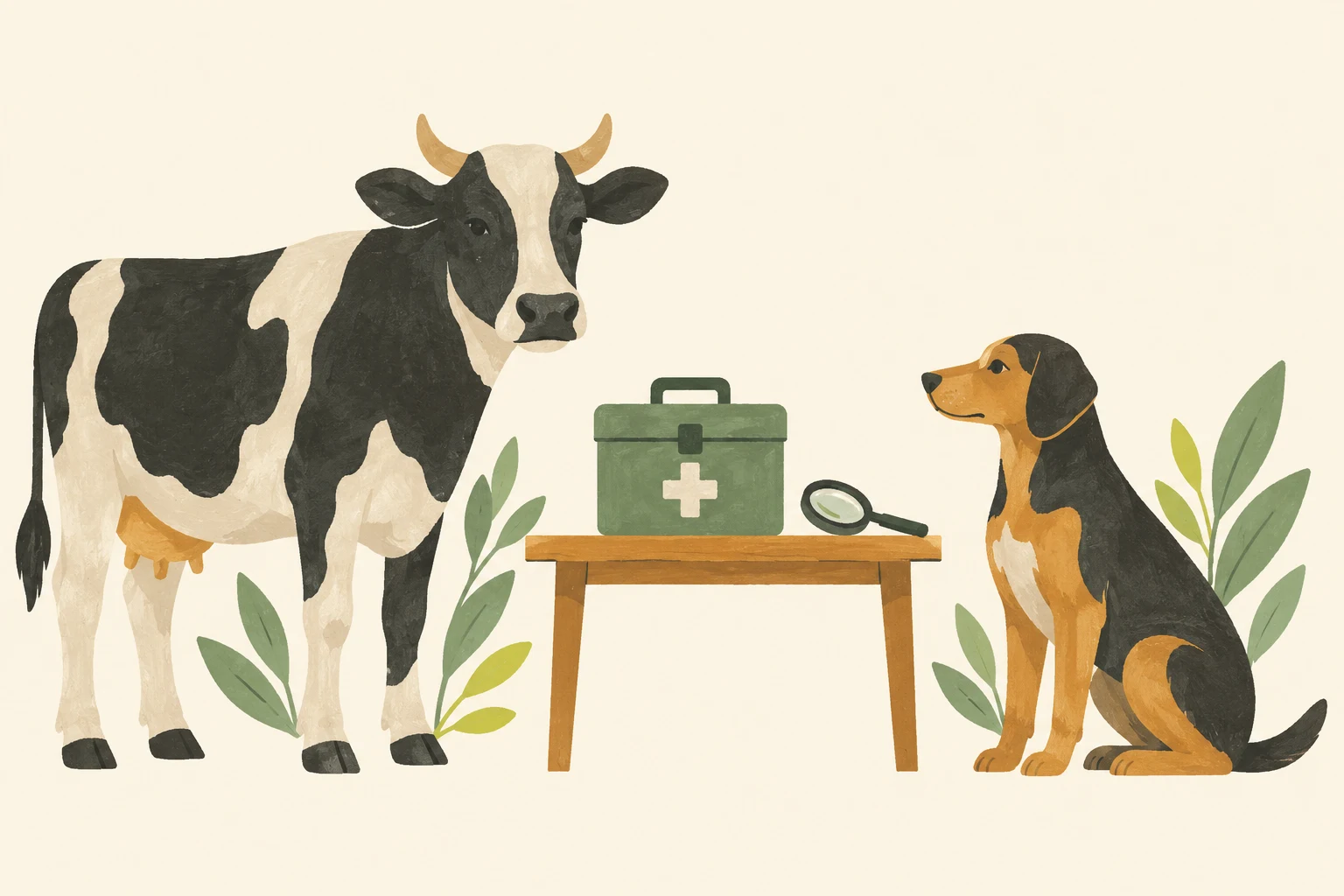 Vaca y perro junto a un botiquín veterinario y una lupa.