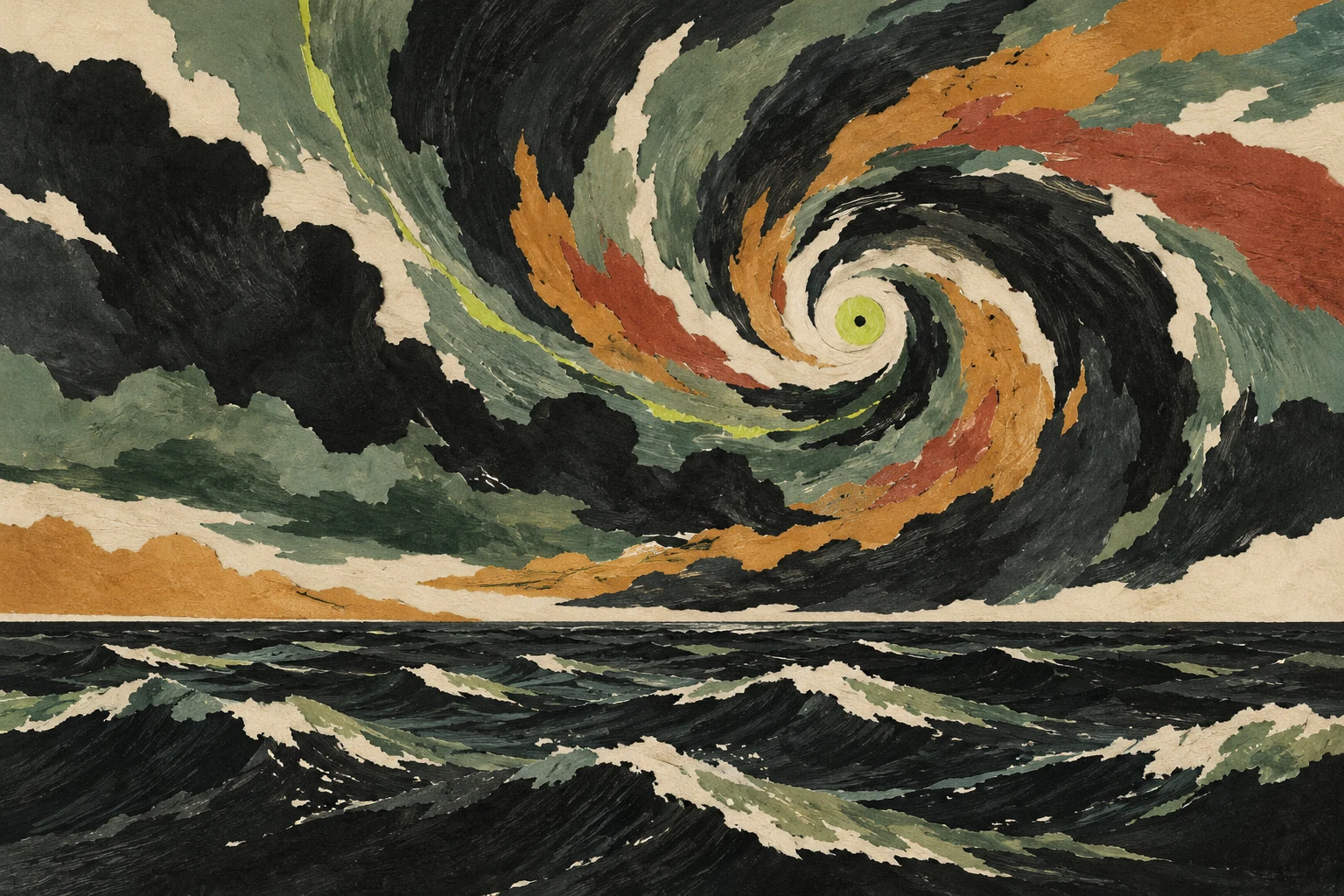 Ilustración de una espiral de tormenta sobre un mar anónimo.