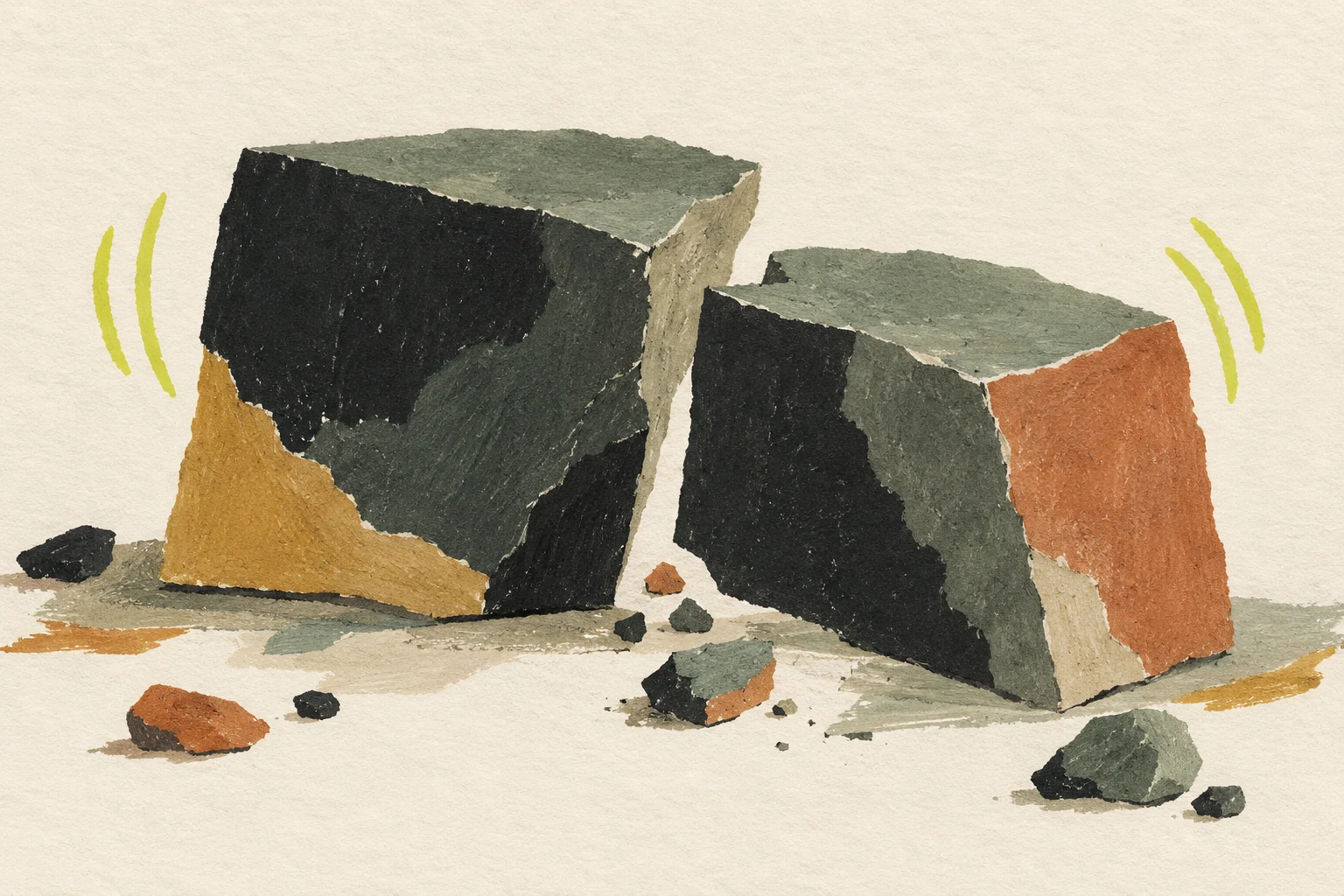 Ilustración de dos bloques de piedra desplazados y pequeñas piedras.