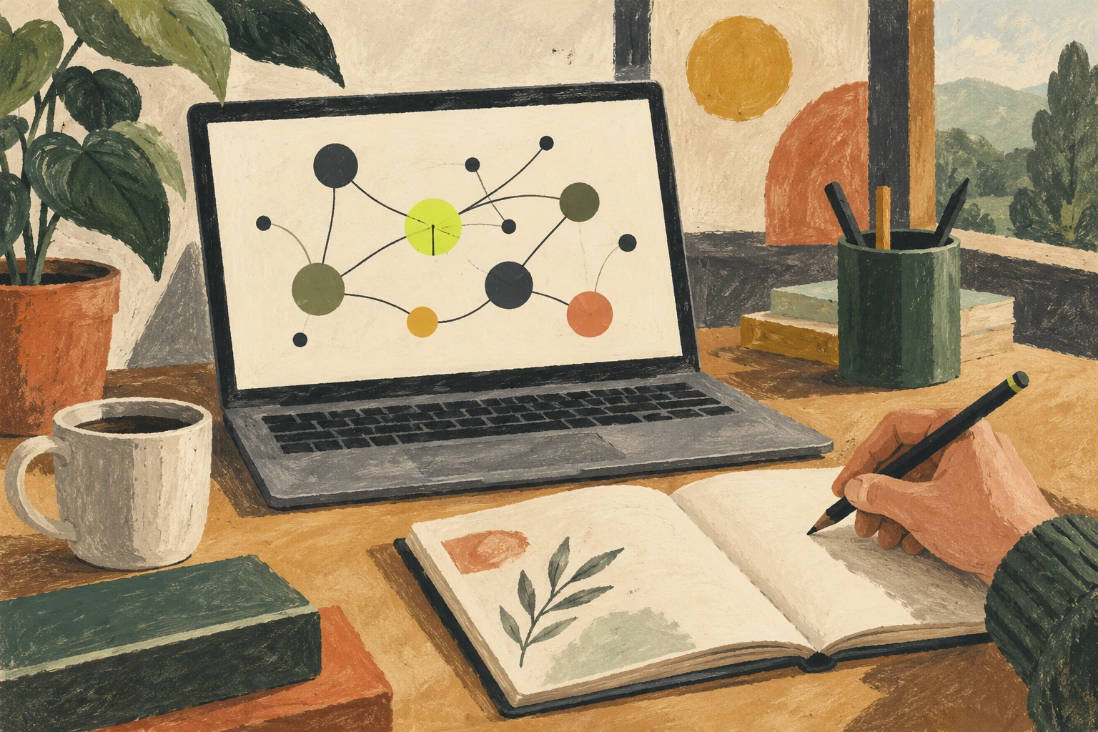 Ilustración de una computadora con puntos conectados y un cuaderno.