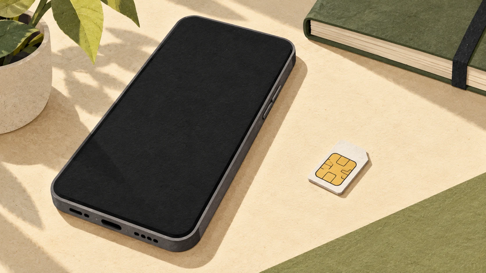 Ilustración de un teléfono con pantalla vacía, una tarjeta SIM y un cuaderno sobre una mesa