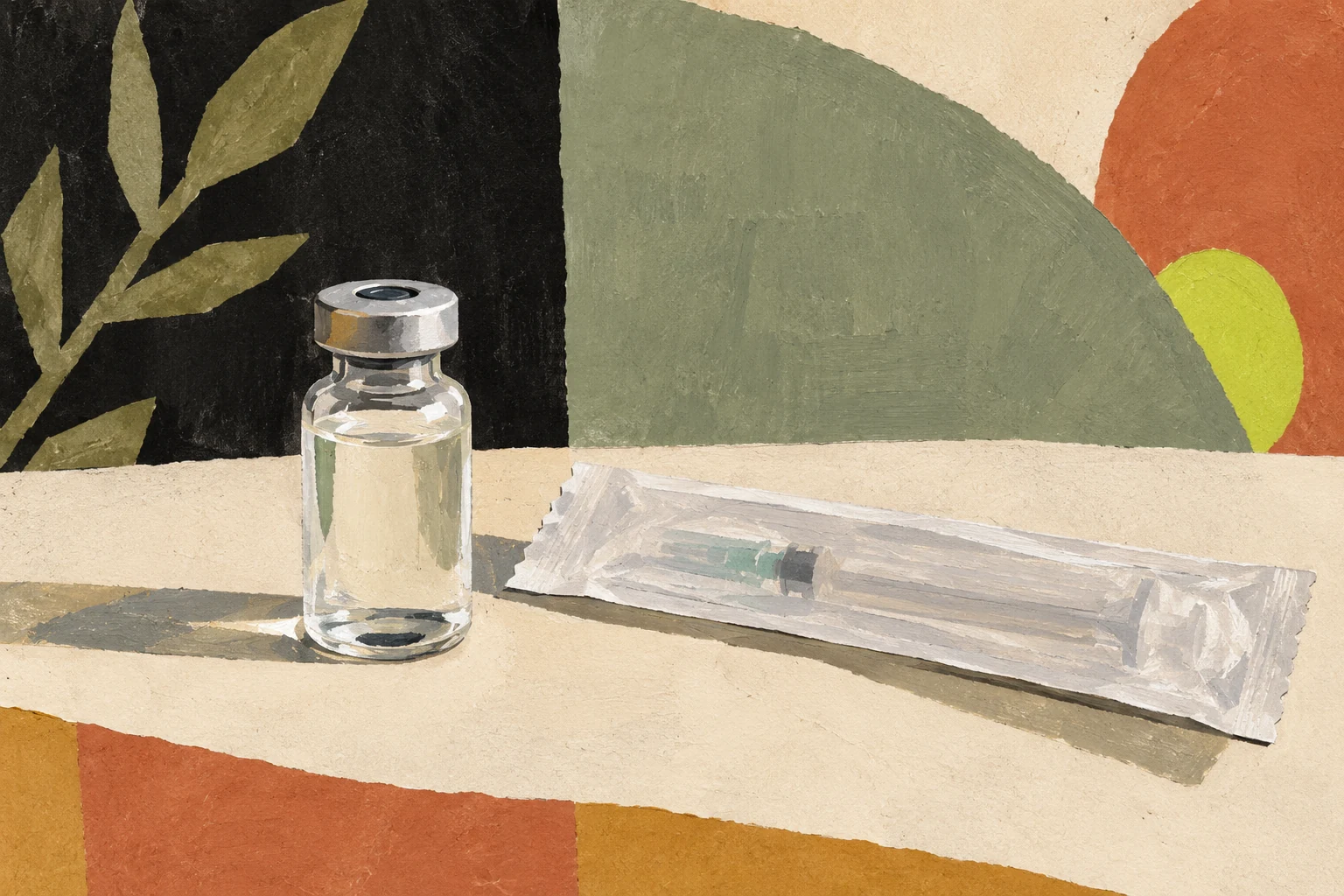Ilustración de un vial sin etiqueta y una jeringa dentro de un empaque cerrado.