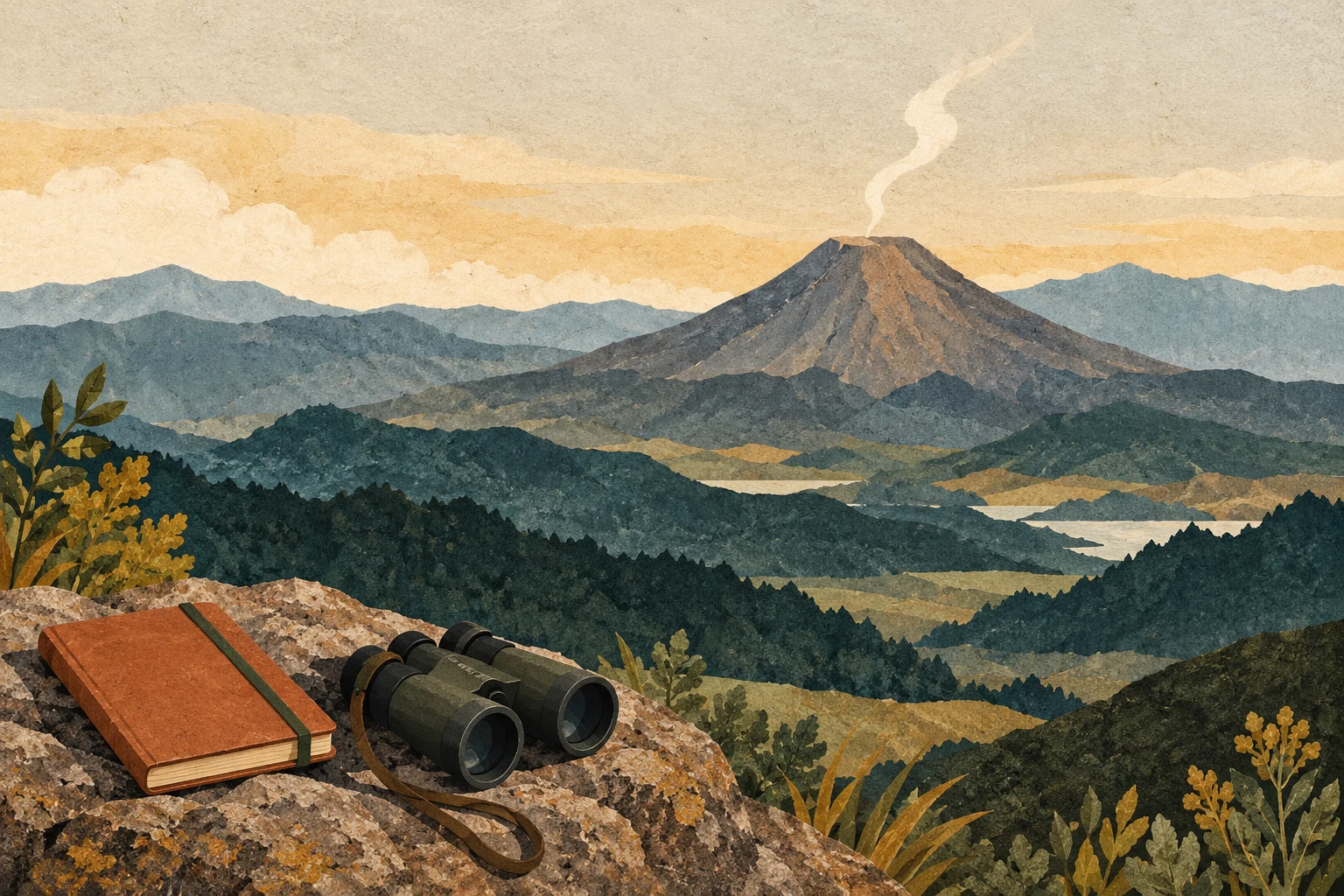 Cono volcánico ilustrado con una emisión tenue, binoculares y un cuaderno de observación.